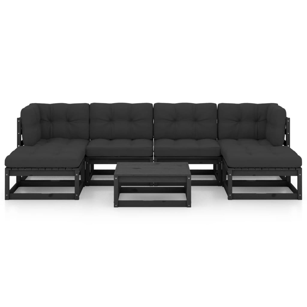 7-tlg. Garten-Lounge-Set mit Kissen Schwarz Kiefer Massivholz